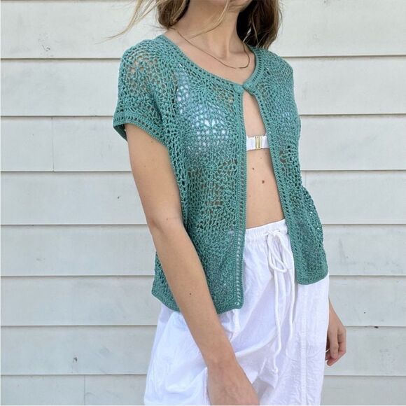 Y2K Teal Crochet Short Sleeve Cardigan Coverup Button Closure - Picture 5 of 7